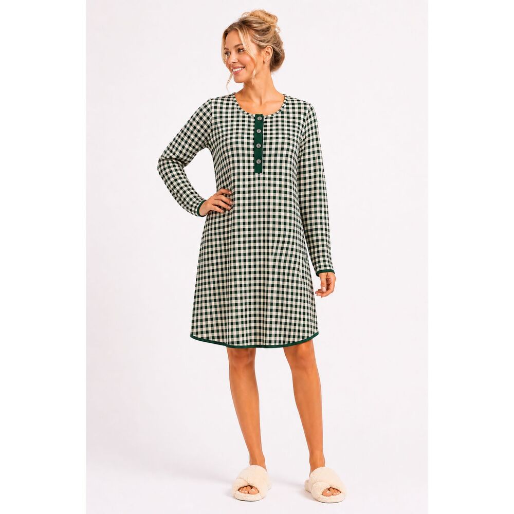 SweetHoney Green Gingham Long Sleeve Henley Night Shirt Mom Gown Sz M